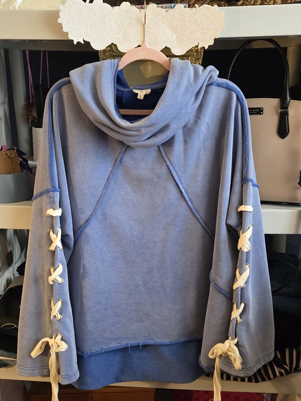 POL Light Blue Cowl Neck Sweater with Lace-Up Sleeves